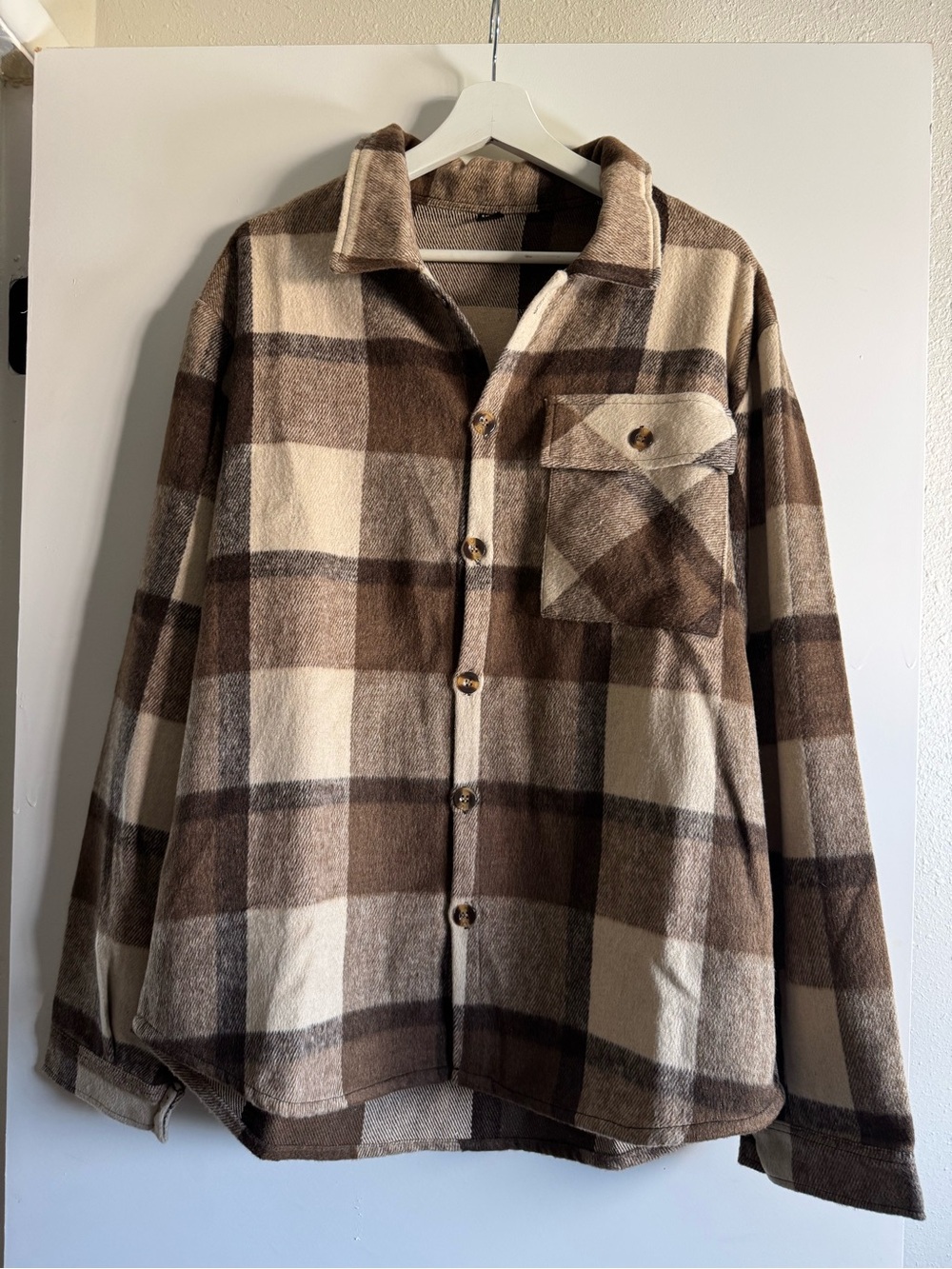 SHEIN Plaid Button Down in Brown & Cream Size XL